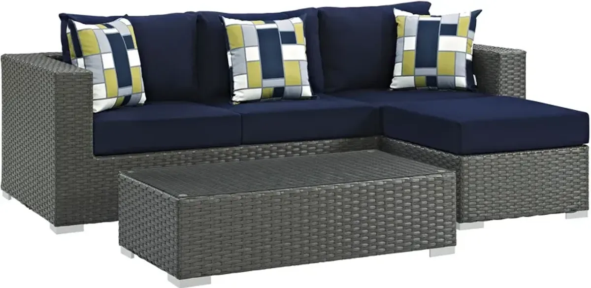 Sojourn 3 Piece Outdoor Patio Sunbrella Sectional Set - Canvas Navy