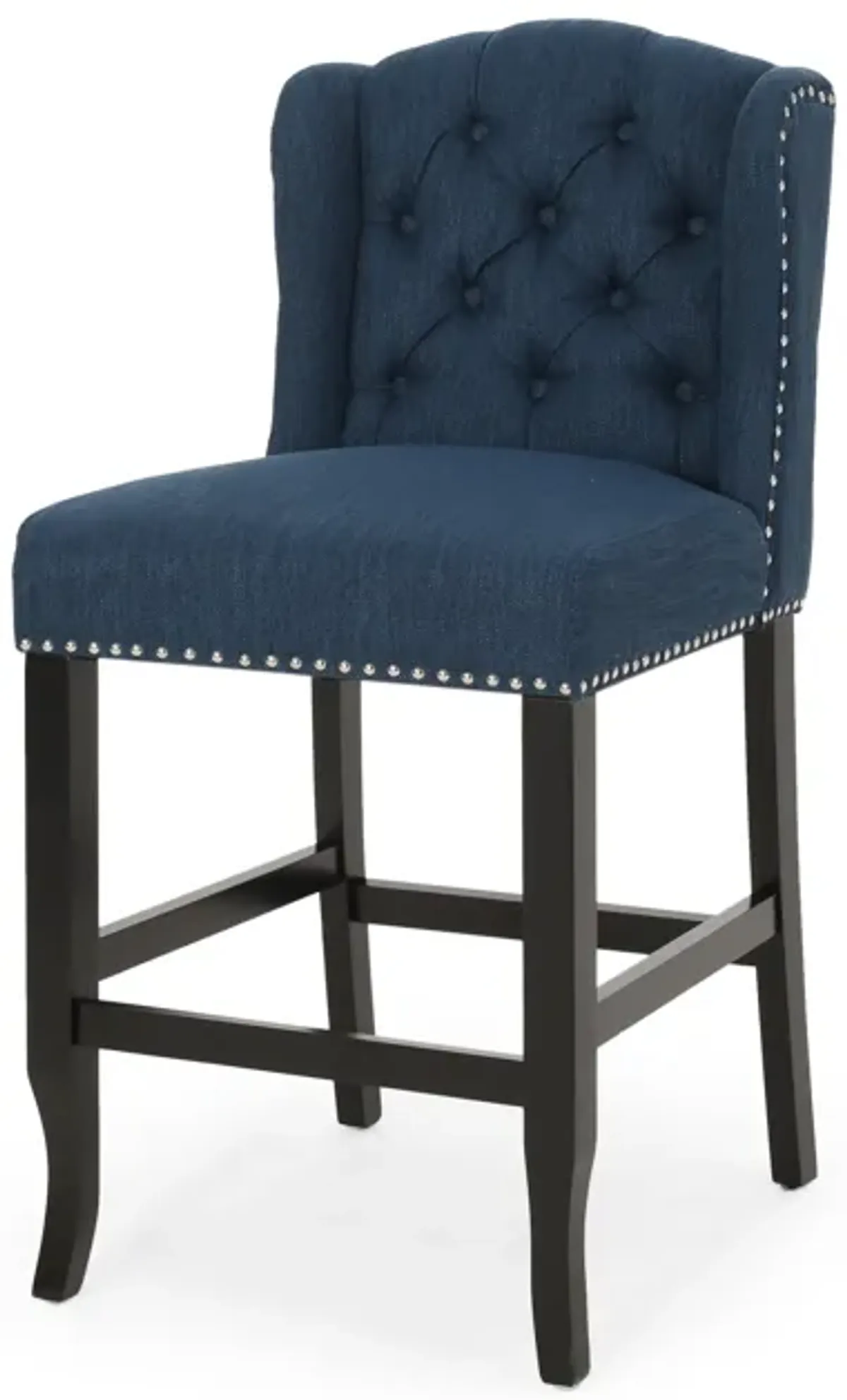 Counter Height Chair Set of 2, Tufted Wingback, Nailhead Trim, Navy Blue - Benzara