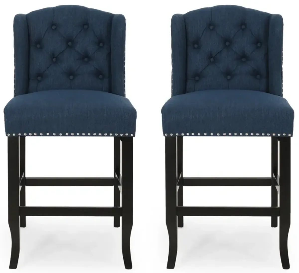 Counter Height Chair Set of 2, Tufted Wingback, Nailhead Trim, Navy Blue - Benzara