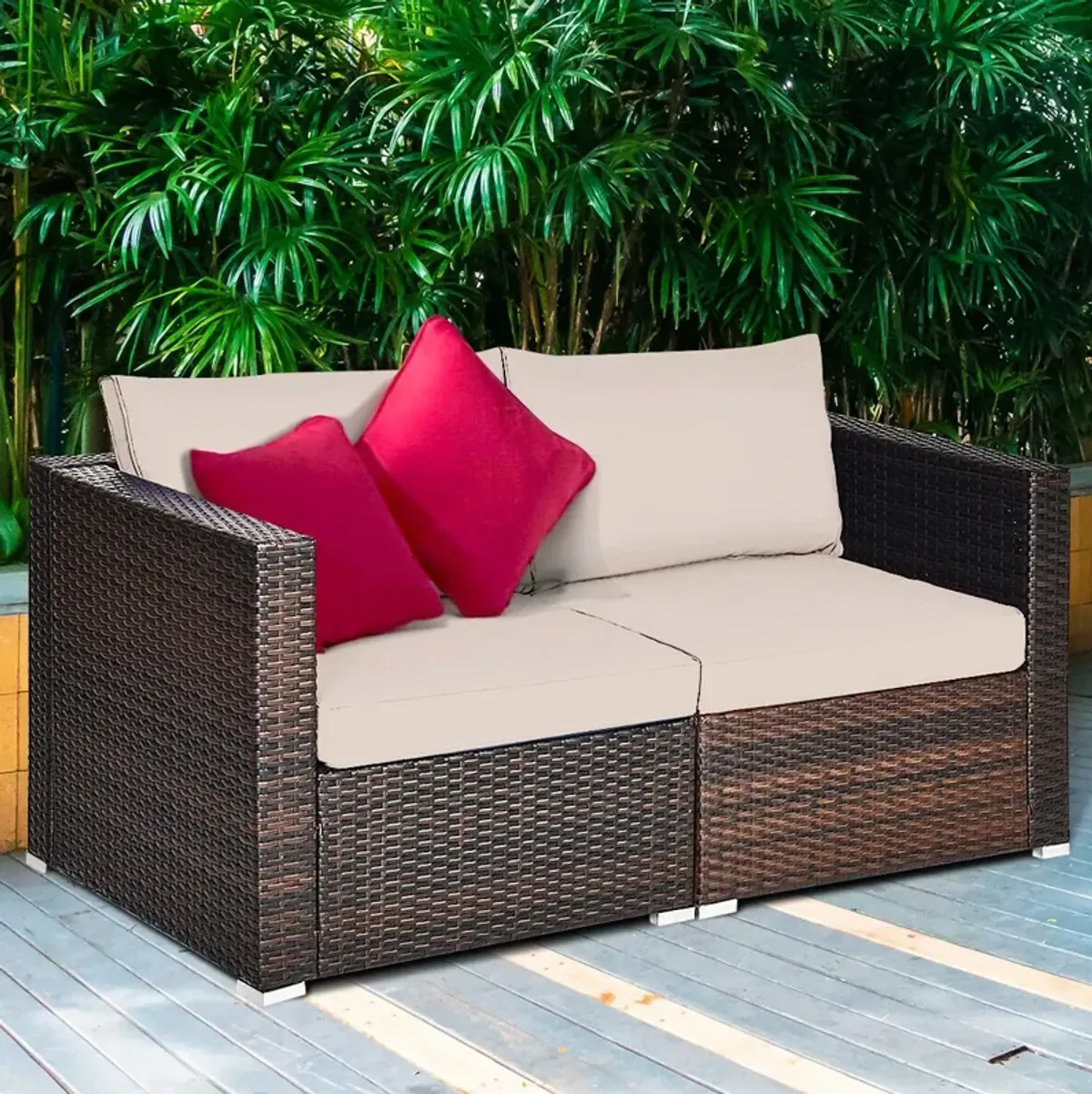 2 Pieces Patio Rattan Sectional Conversation Sofa Set