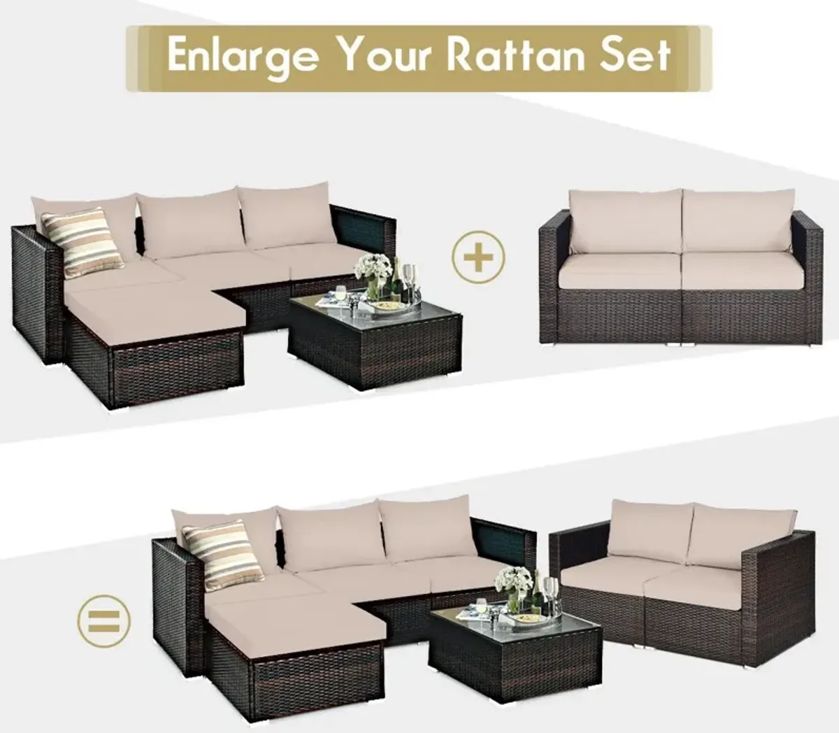 2 Pieces Patio Rattan Sectional Conversation Sofa Set