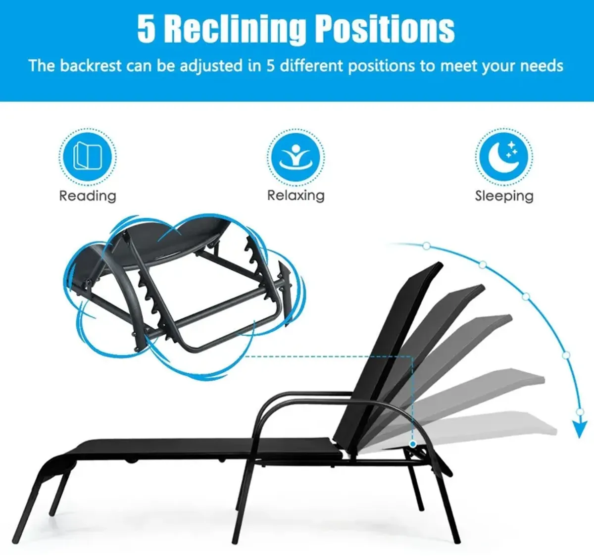 Adjustable Patio Chaise Folding Lounge Chair with Backrest