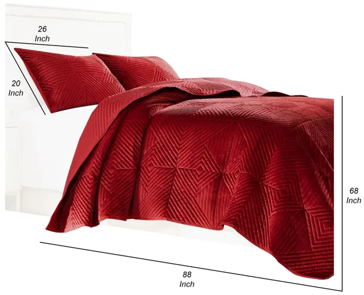 Ahab 2 Piece Twin Quilt Set with 1 Pillow Sham, Dutch Velvet Face, Red - Benzara