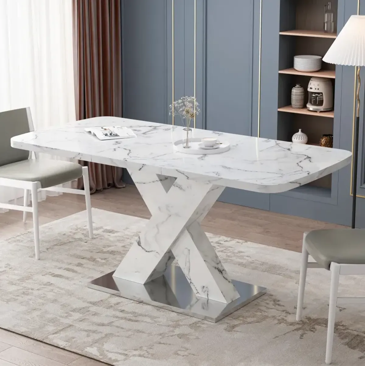 White marble dining table with X-shaped metal legs