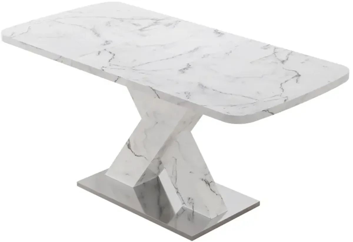 White marble dining table with X-shaped metal legs