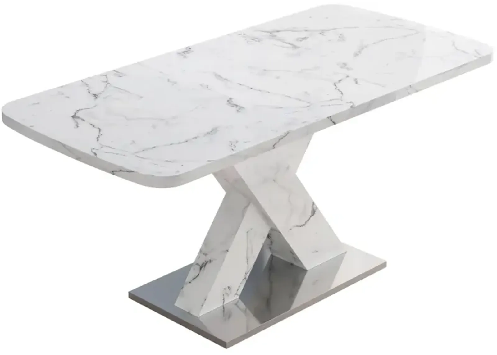 White marble dining table with X-shaped metal legs