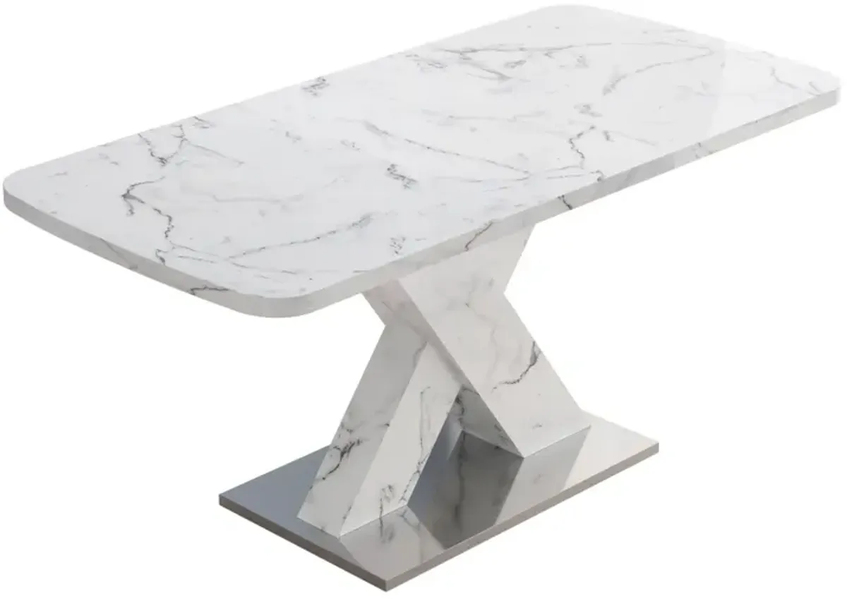 White marble dining table with X-shaped metal legs