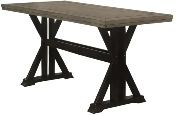 71 Inch Counter Height Dining Table, Trestle Base, 6 Seater, Gray, Black - Benzara