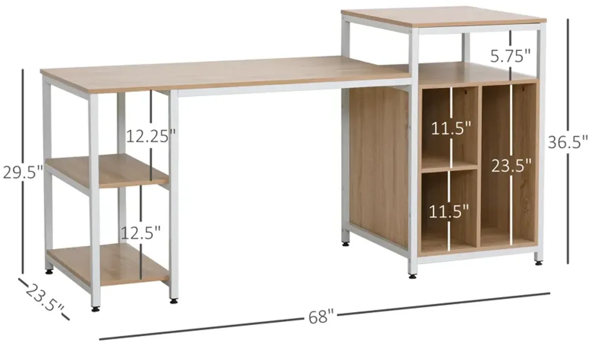 Computer Table with Shelves Home Office Desk Adjustable Feet, Wood Grain