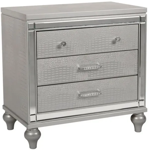 3 Drawer Wooden Nightstand with Mirror Accents and Faux Crystal Pulls, Gray - Benzara