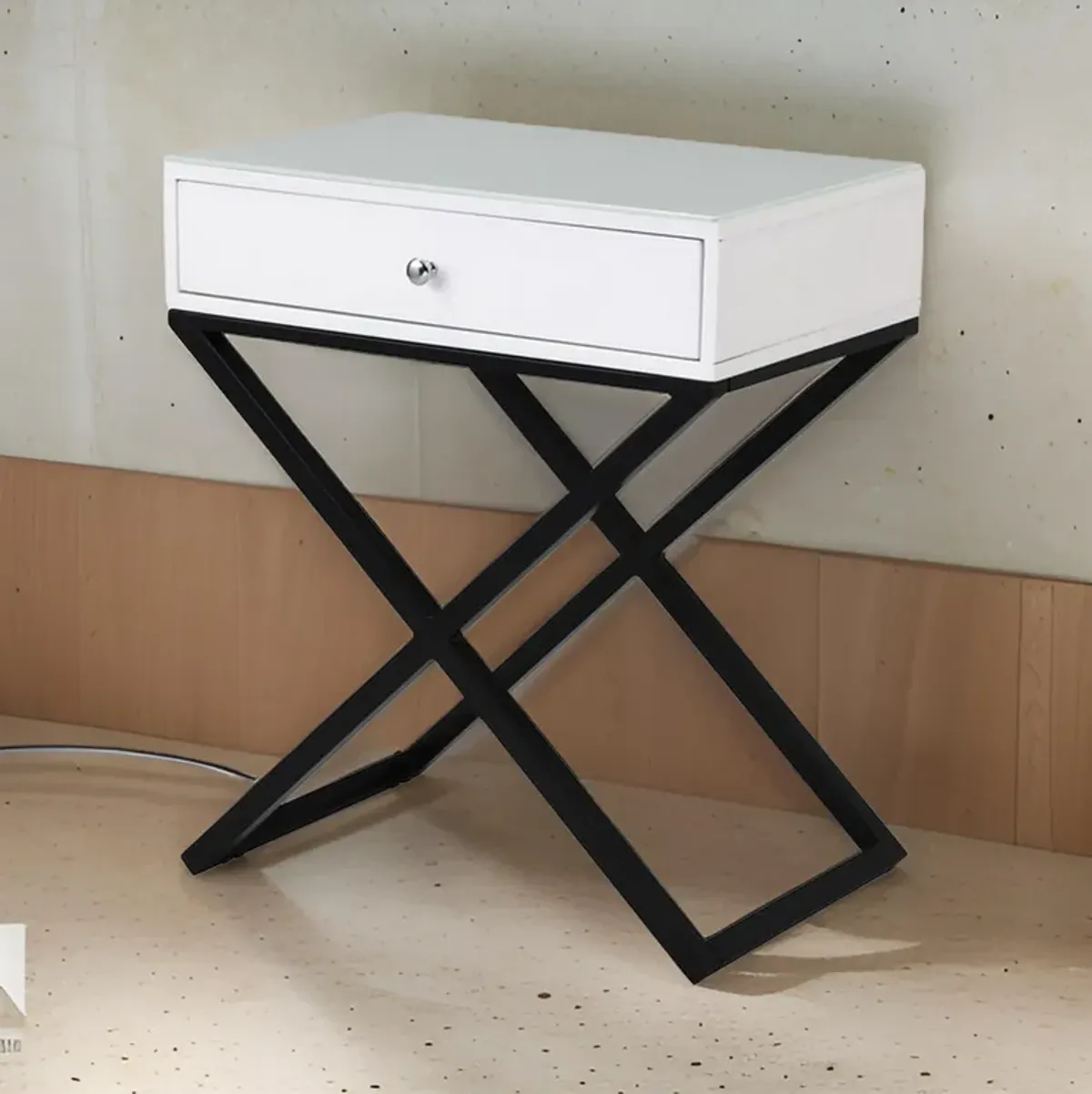 Zeno 27 Inch 1 Drawer Nightstand, Glass Top, Black Metal Cross Legs, White-Benzara