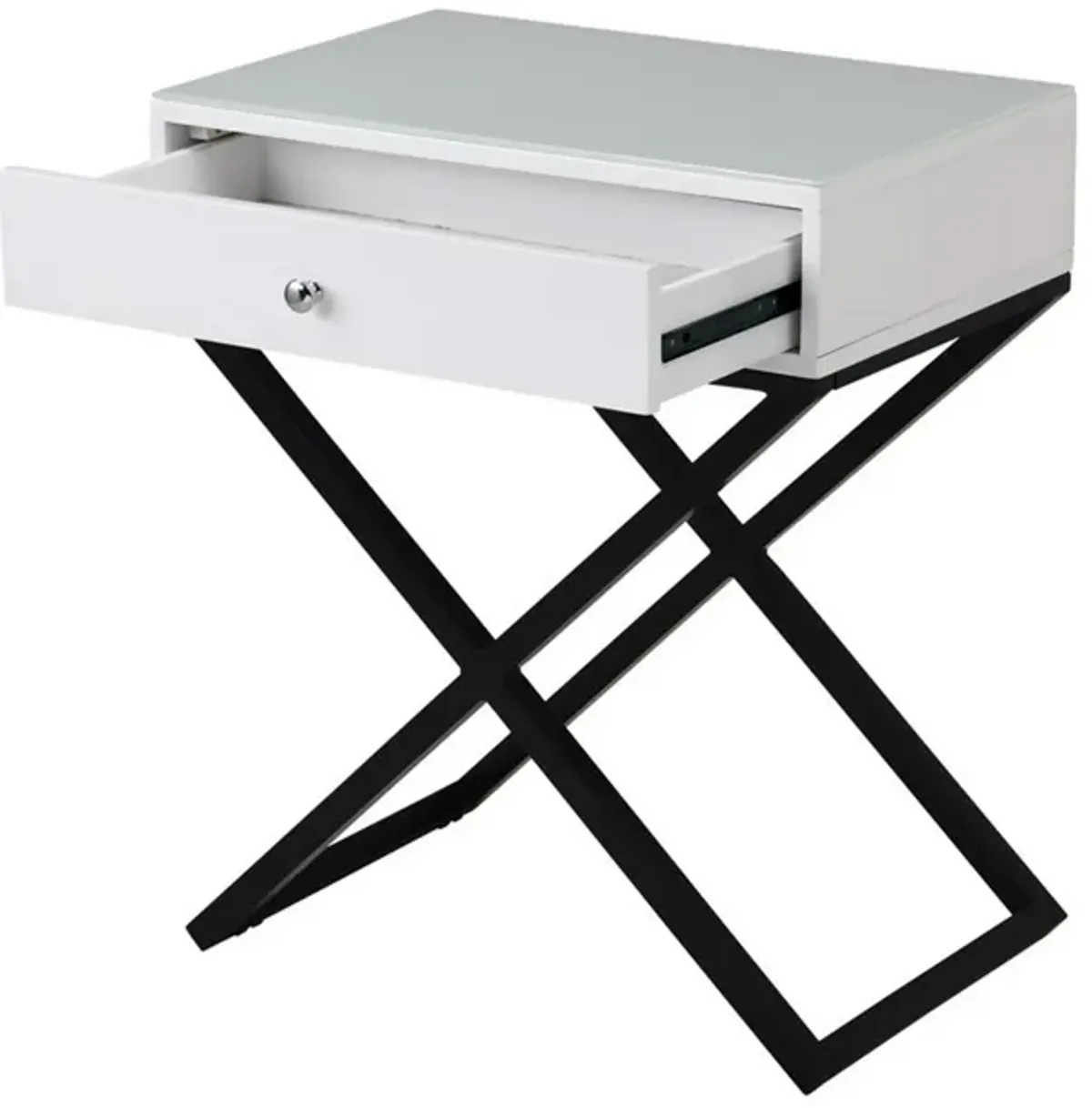 Zeno 27 Inch 1 Drawer Nightstand, Glass Top, Black Metal Cross Legs, White-Benzara