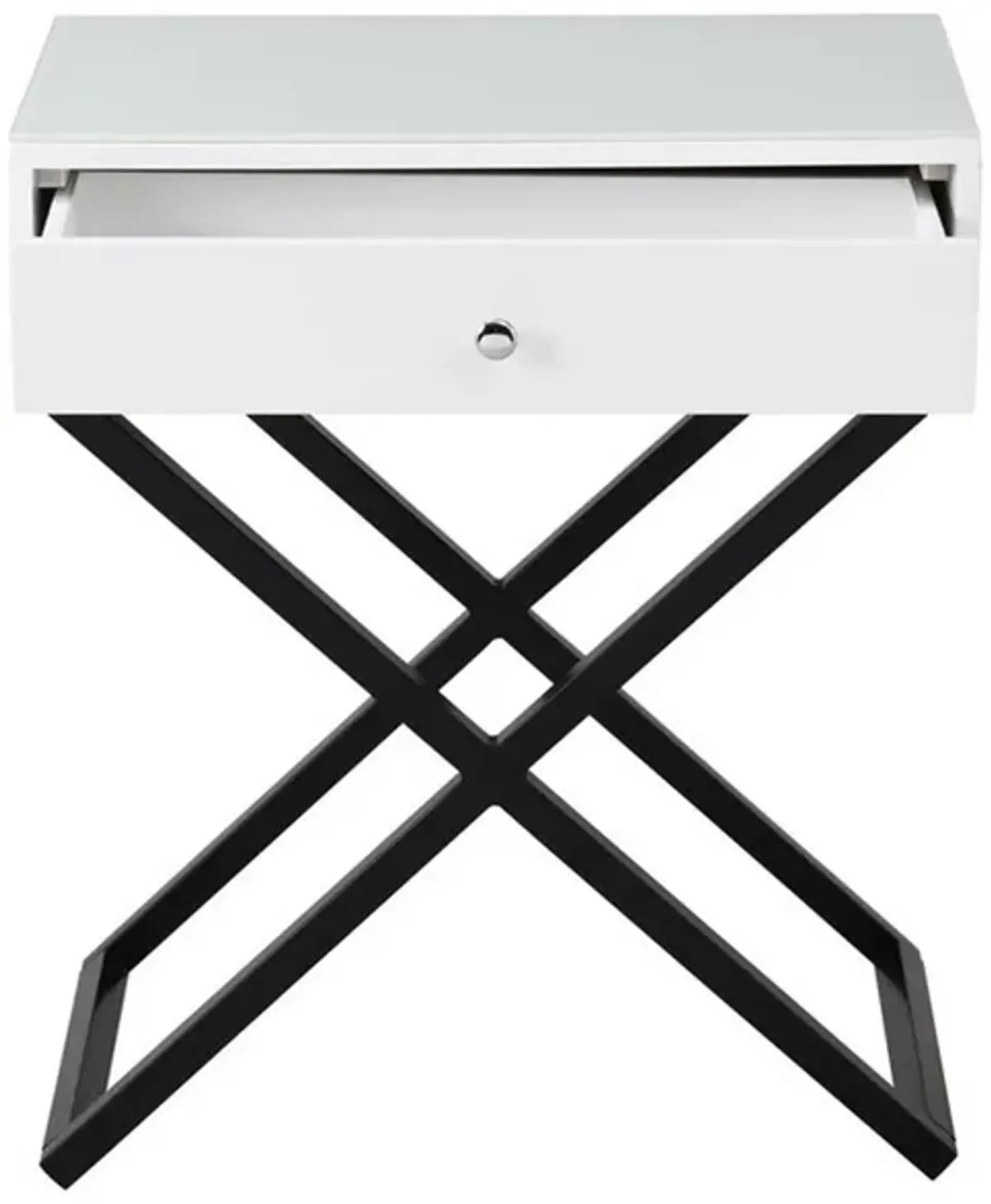 Zeno 27 Inch 1 Drawer Nightstand, Glass Top, Black Metal Cross Legs, White-Benzara