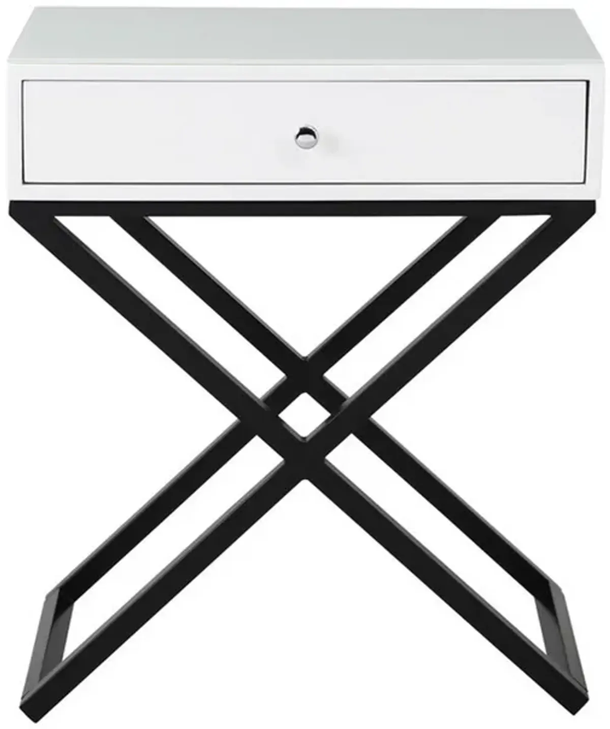 Zeno 27 Inch 1 Drawer Nightstand, Glass Top, Black Metal Cross Legs, White-Benzara