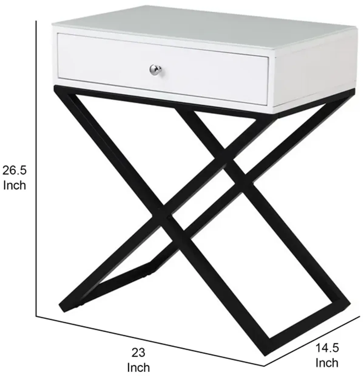 Zeno 27 Inch 1 Drawer Nightstand, Glass Top, Black Metal Cross Legs, White-Benzara