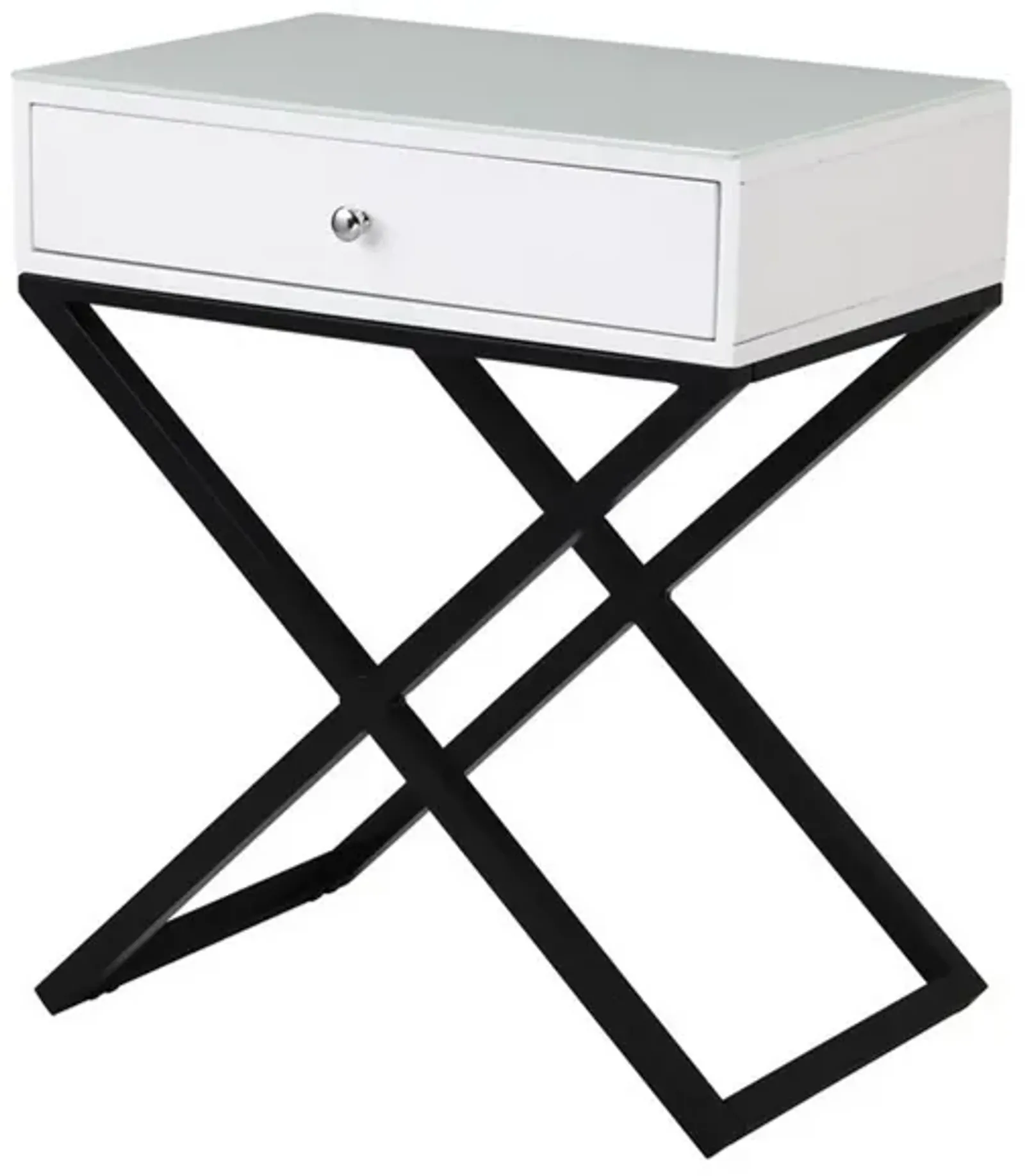 Zeno 27 Inch 1 Drawer Nightstand, Glass Top, Black Metal Cross Legs, White-Benzara