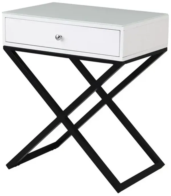 Zeno 27 Inch 1 Drawer Nightstand, Glass Top, Black Metal Cross Legs, White - Benzara