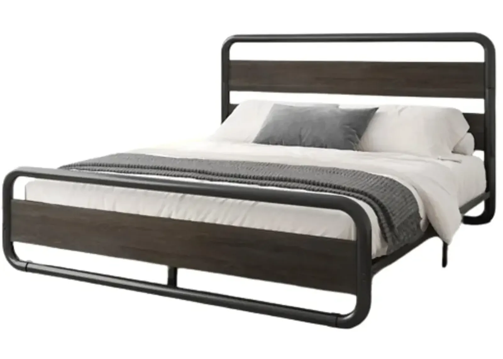 Hivvago King Heavy Duty Round Metal Frame Platform Bed with Black Wood Panel Headboard