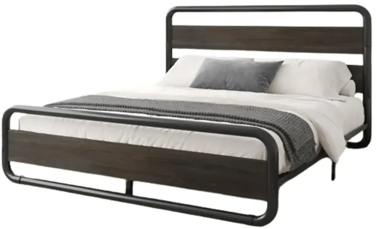 Hivvago King Heavy Duty Round Metal Frame Platform Bed with Black Wood Panel Headboard