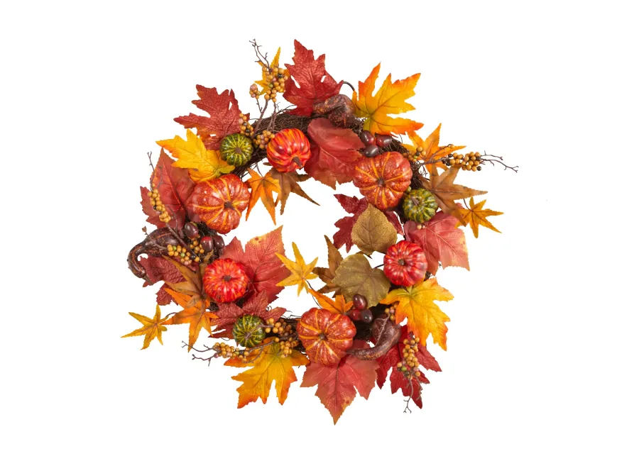 HomPlanti 24" Autumn Pumpkin and Berries Artificial Fall Wreath