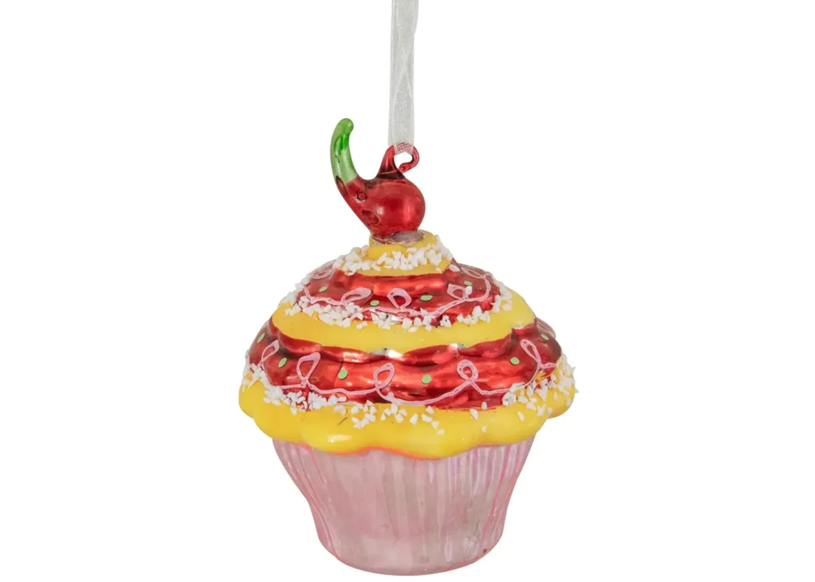 3" Red and Yellow Cupcake with Cherry Glass Christmas Ornament