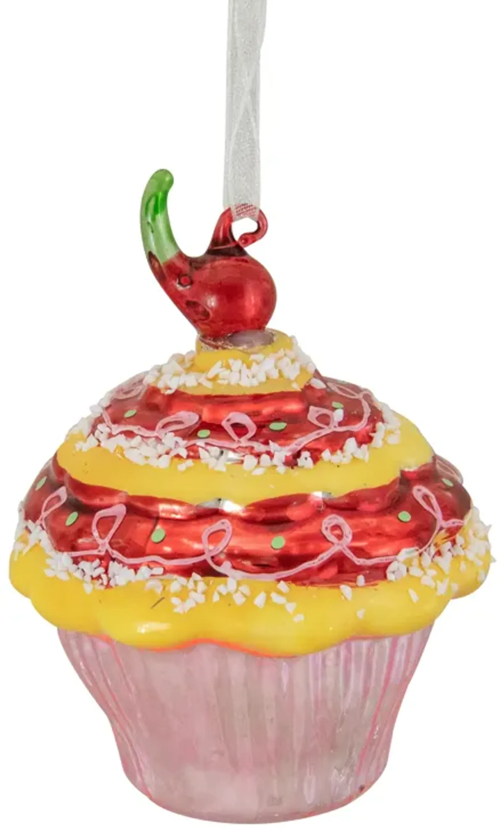 3" Red and Yellow Cupcake with Cherry Glass Christmas Ornament