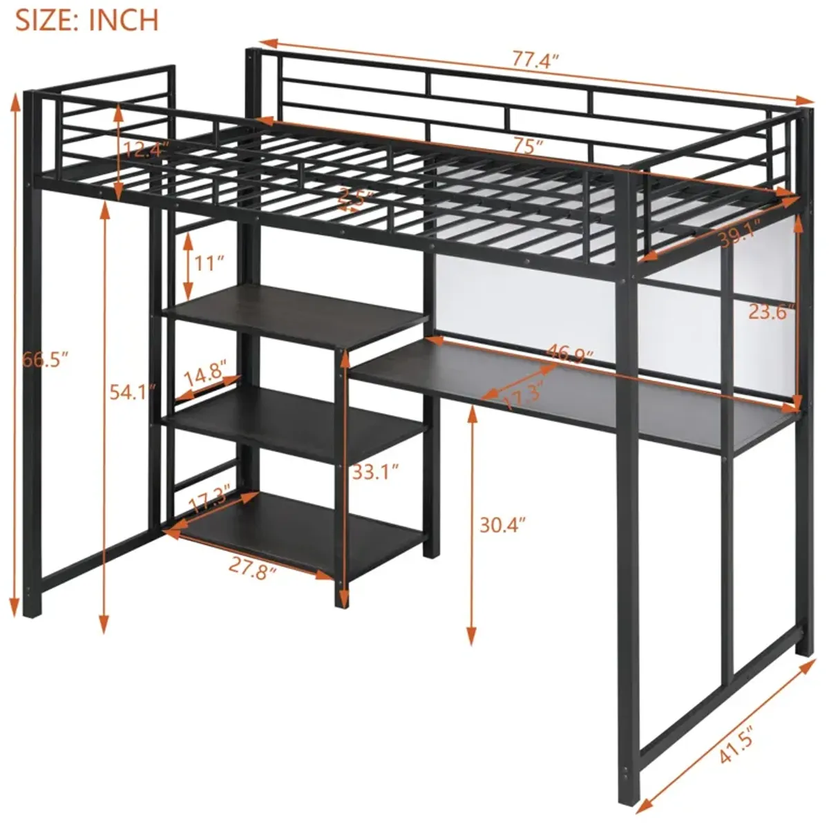 Twin Size Loft Bed With Desk And Board, Metal Loft Bed With 3 Shelves And Ladder