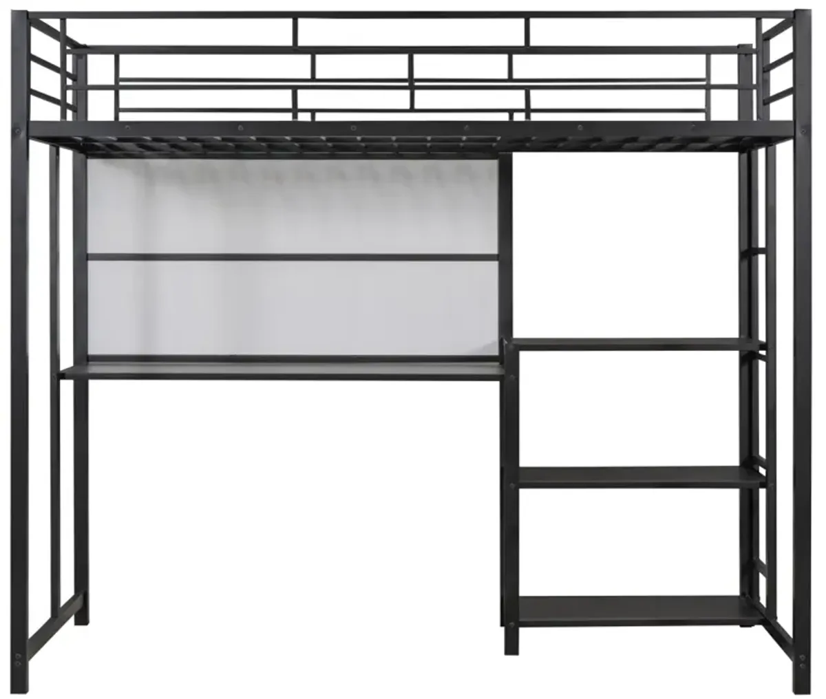 Twin Size Loft Bed With Desk And Board, Metal Loft Bed With 3 Shelves And Ladder