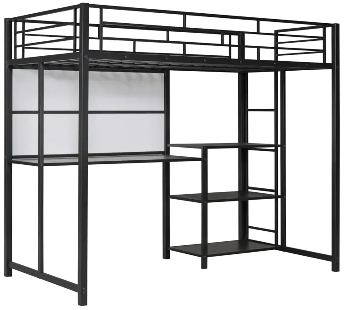 Twin Size Loft Bed With Desk And Board, Metal Loft Bed With 3 Shelves And Ladder