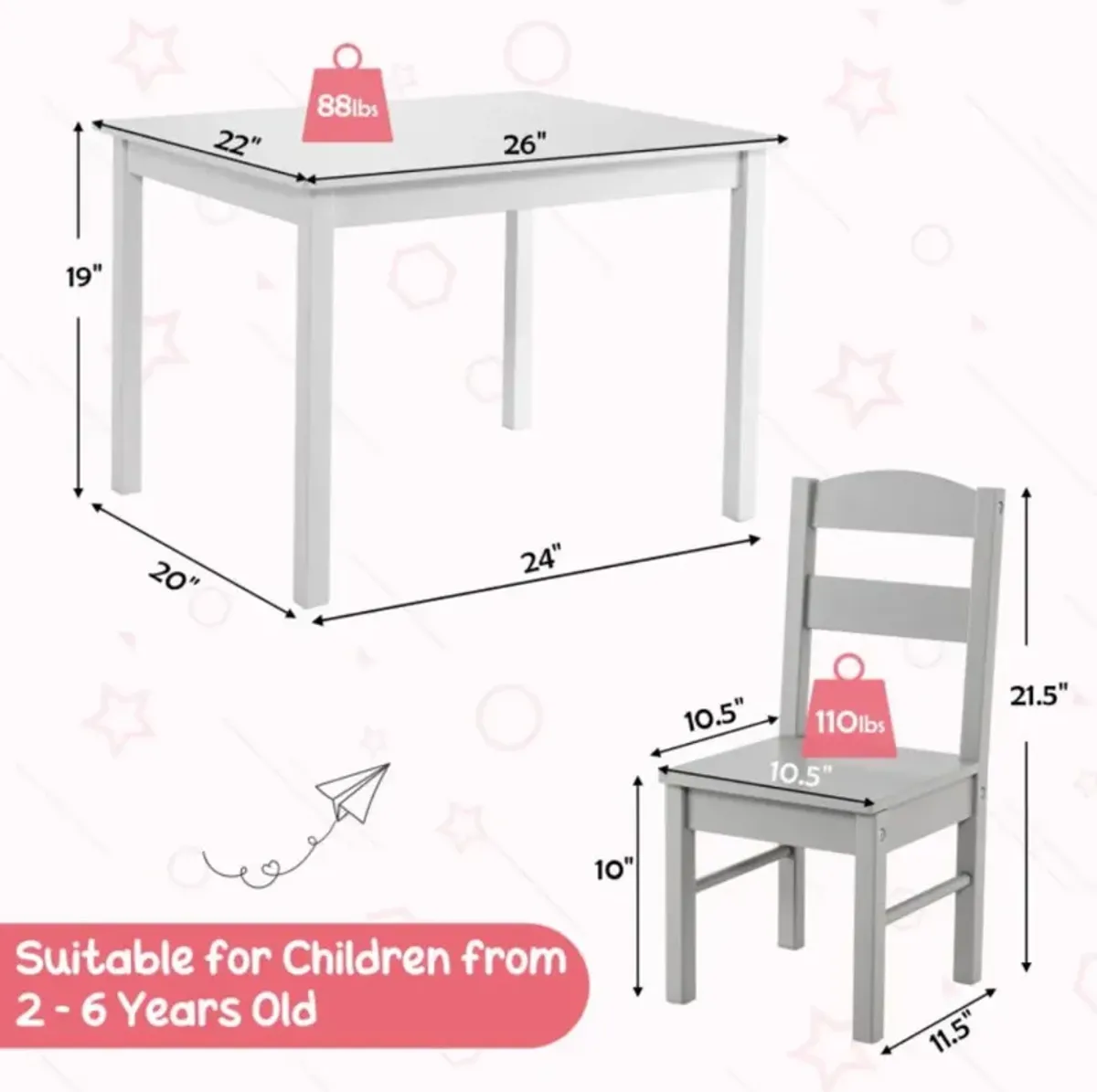 Hivvago 5 pcs Kids Pine Wood Table Chair Set