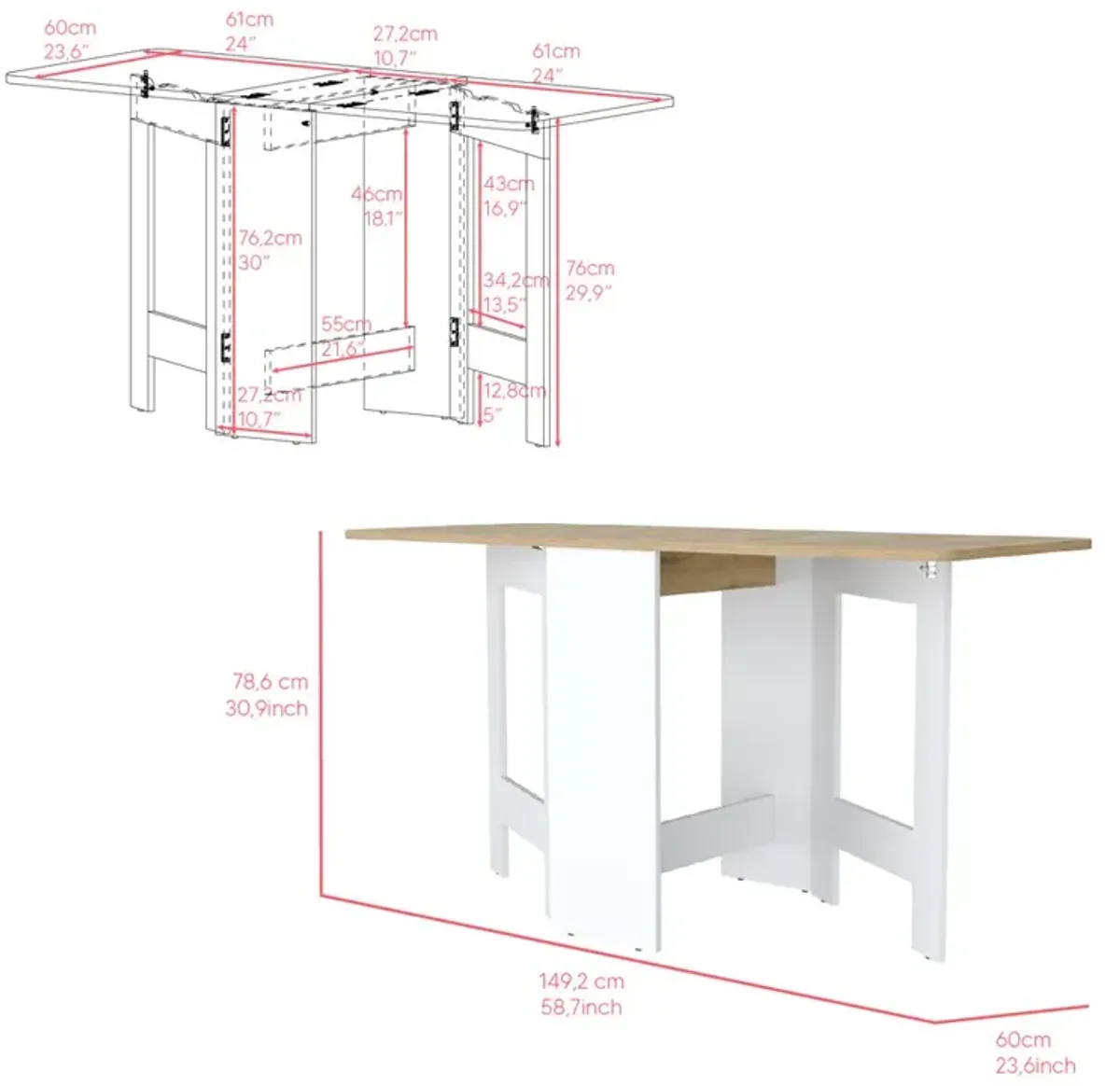 Folding Dining Table Evart, Living Room, White / Macadamia