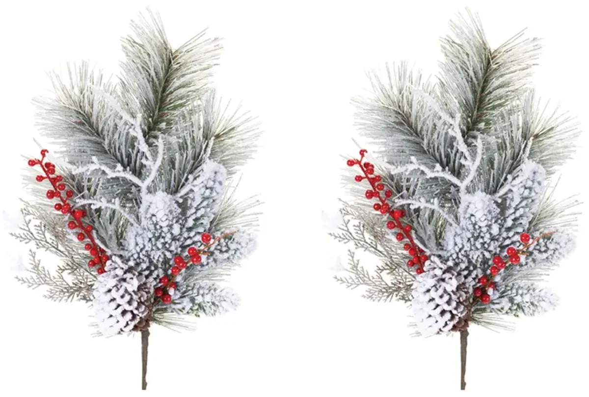 Set of 2 Snowy Pine with Berry Sprays for Winter and Holiday Decor