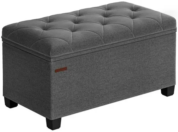 Neru 30 Inch Storage Ottoman Bench, Tufted Removable Top, Gray Poly Linen - Benzara