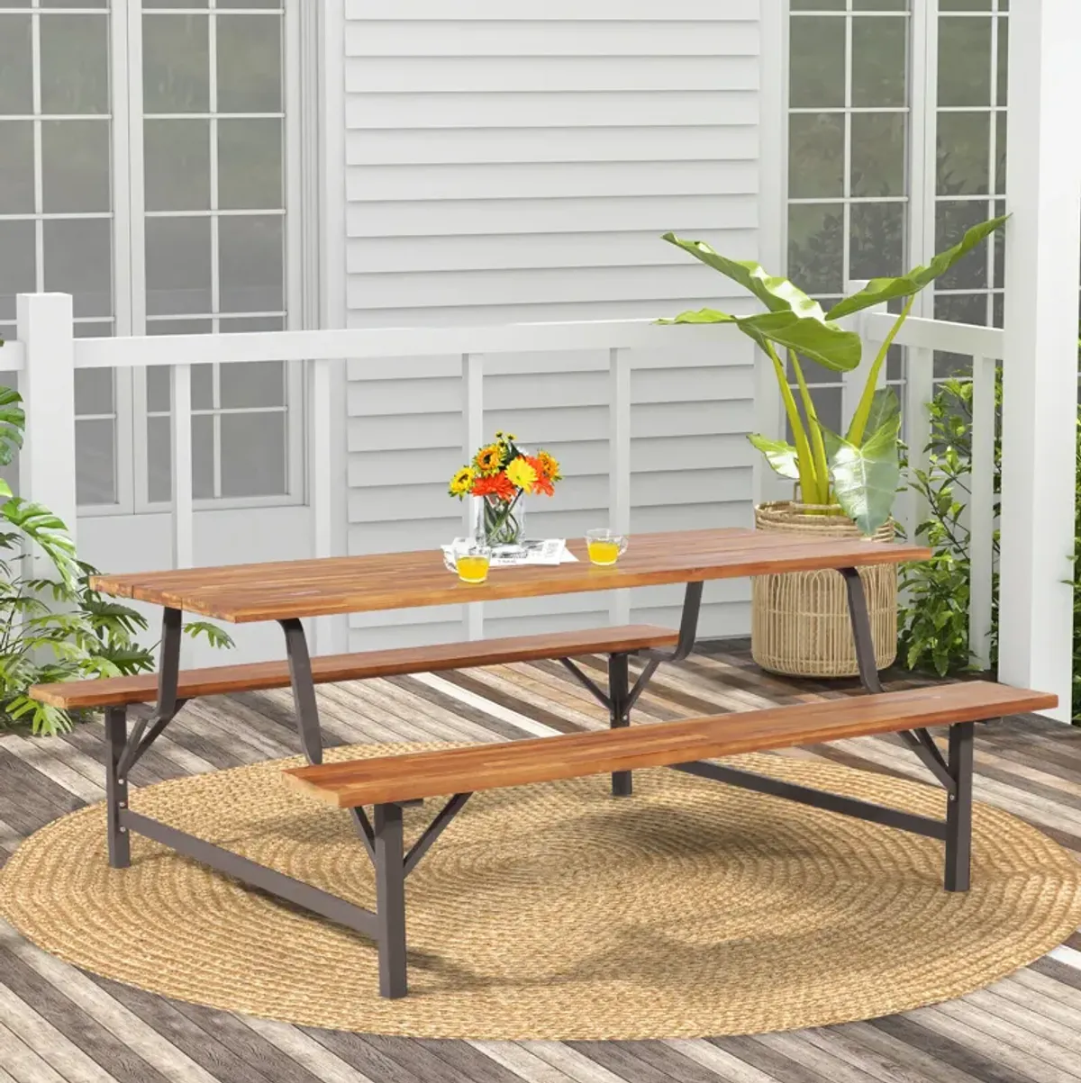 6-Person Outdoor Picnic Table and Bench Set with 2 Inch Umbrella Hole