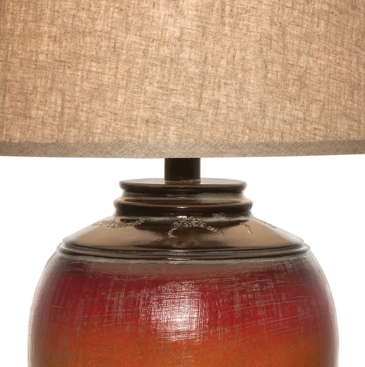 Ruhi 31 Inch Table Lamp, Curved Pot, Multicolor, Drum Shade, Brown, Orange  - Benzara