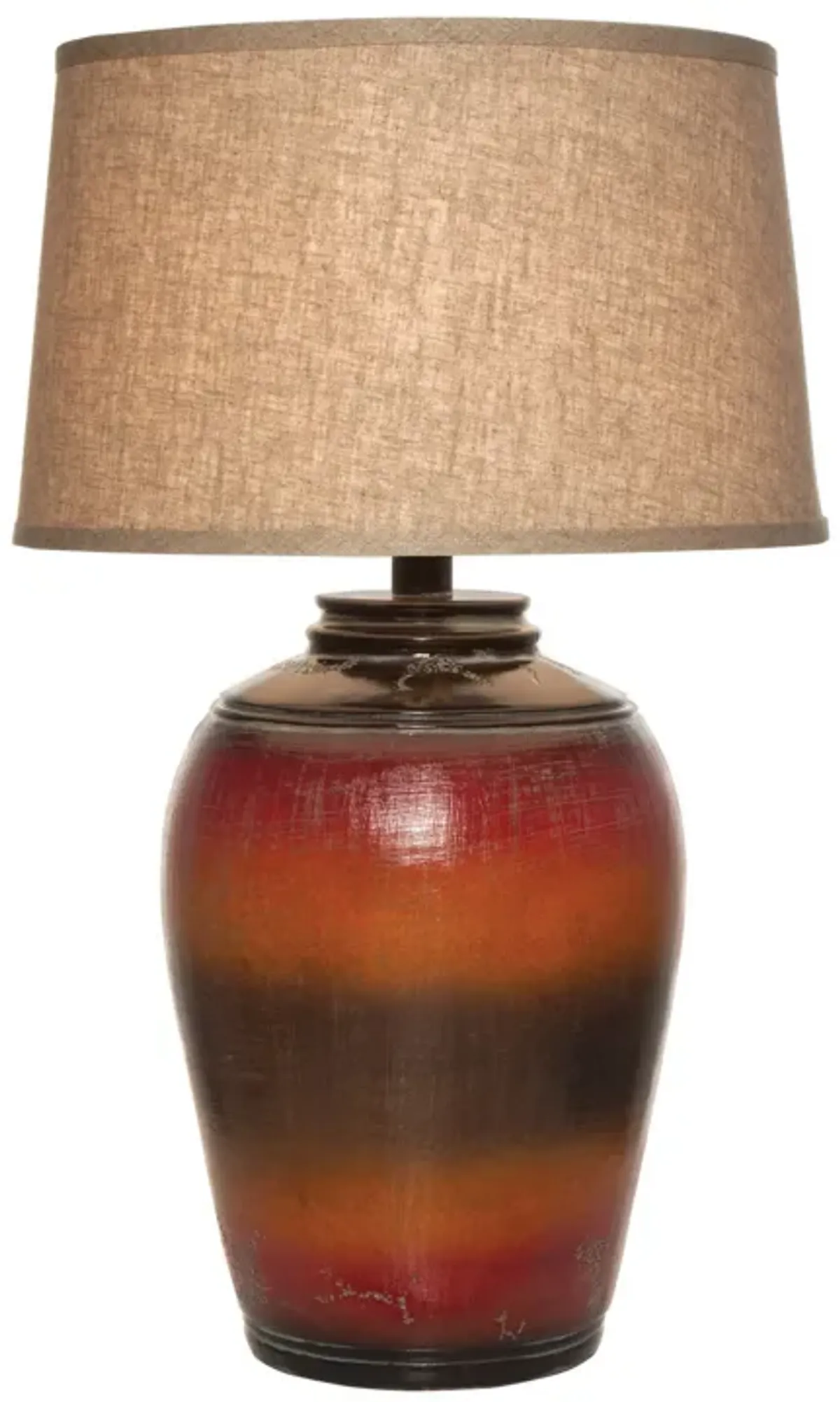 Ruhi 31 Inch Table Lamp, Curved Pot, Multicolor, Drum Shade, Brown, Orange  - Benzara