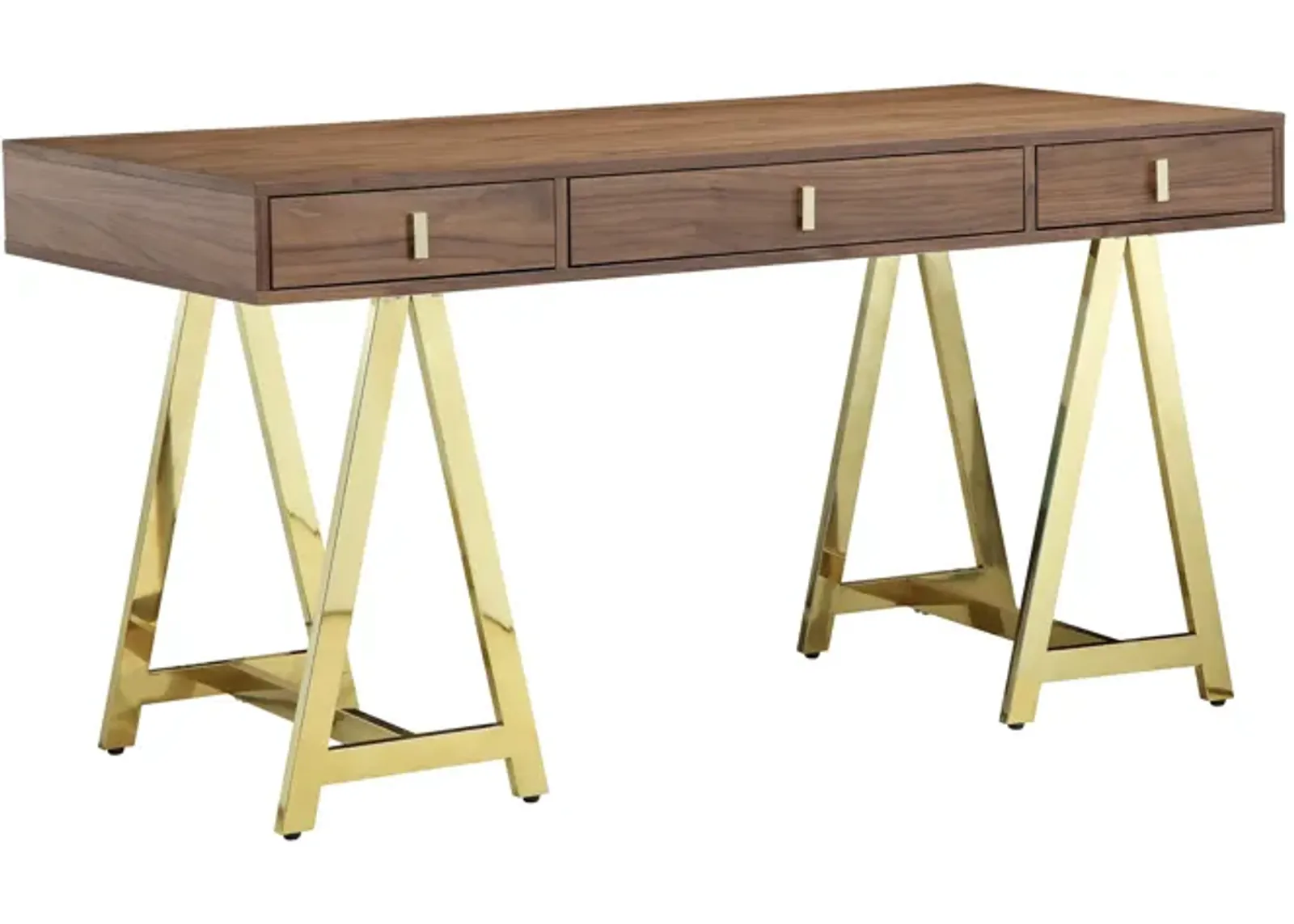 Ile 55 Inch Desk with 3 Storage Drawers, Brown Wood Veneer, Gold Metal - Benzara