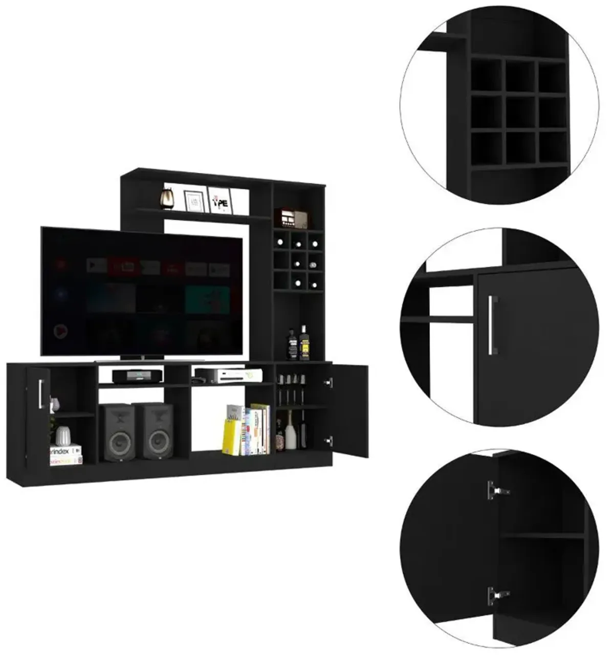 DEPOT E-SHOP King Entertainment Center, Two-Door Cabinet, Storage Spaces, Six External Shelves-Black, For Living Room