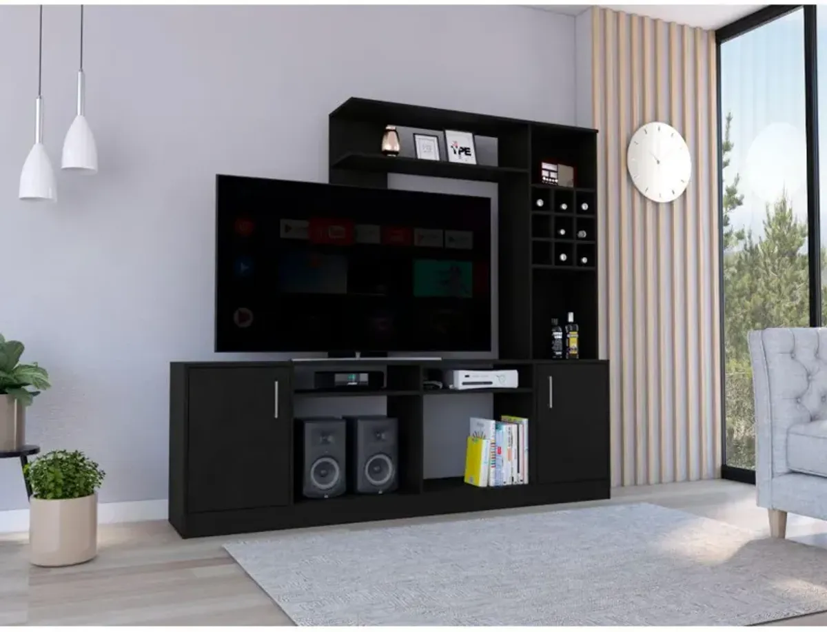 DEPOT E-SHOP King Entertainment Center, Two-Door Cabinet, Storage Spaces, Six External Shelves-Black, For Living Room