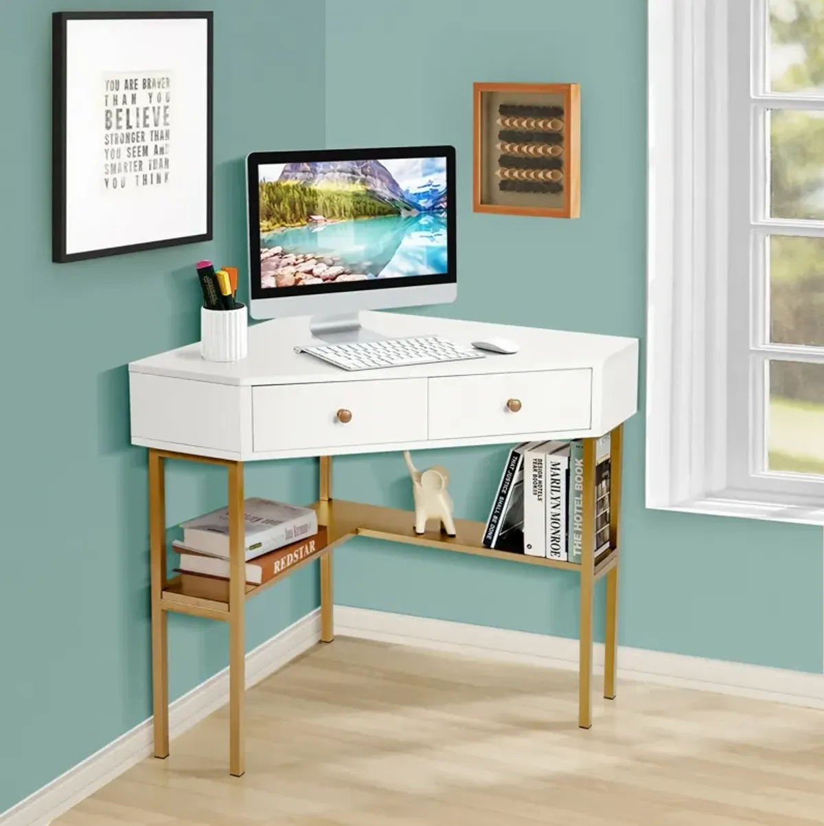 Space Saving Corner Computer Desk with 2 Large Drawers and Storage Shelf