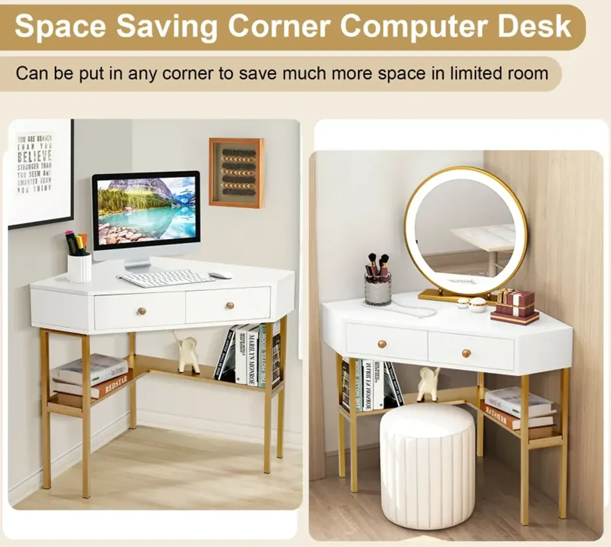 Space Saving Corner Computer Desk with 2 Large Drawers and Storage Shelf