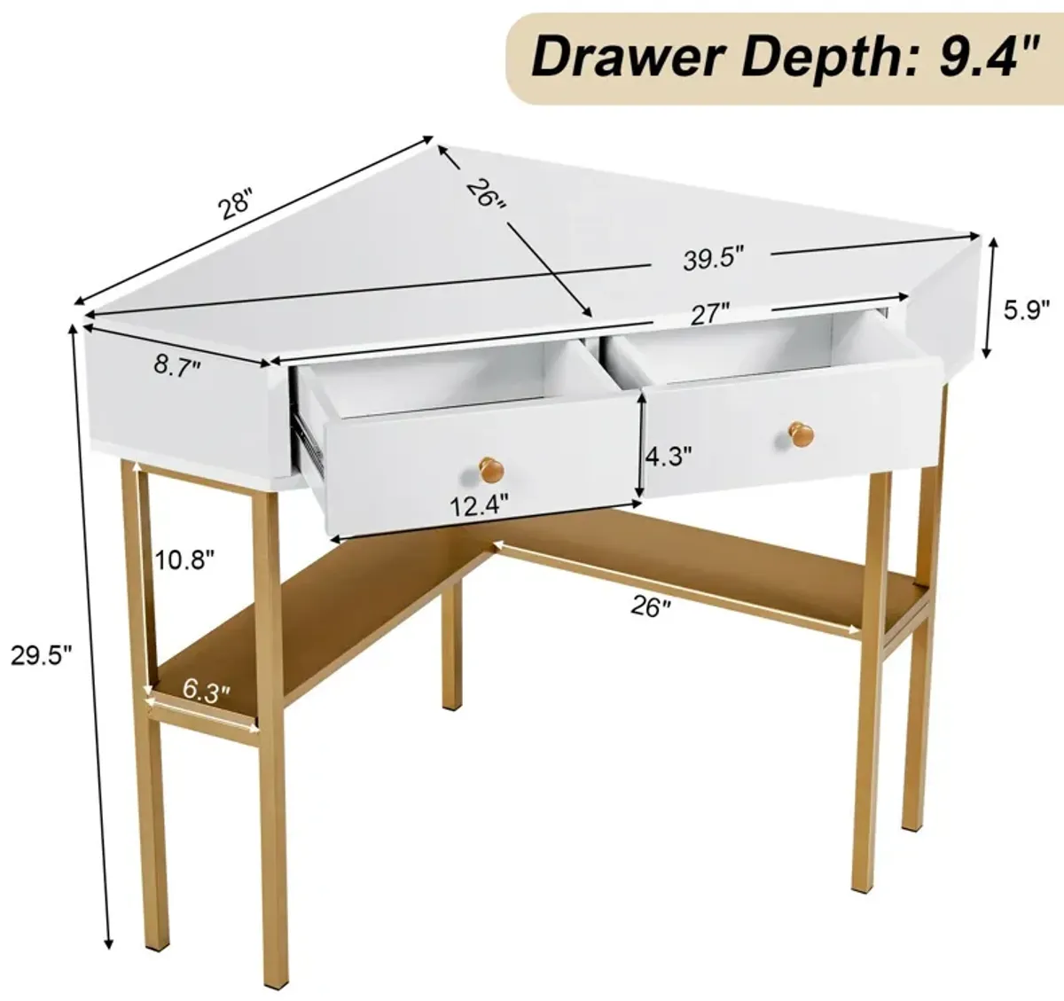 Space Saving Corner Computer Desk with 2 Large Drawers and Storage Shelf