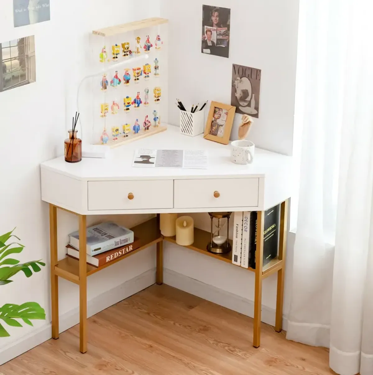 Space Saving Corner Computer Desk with 2 Large Drawers and Storage Shelf