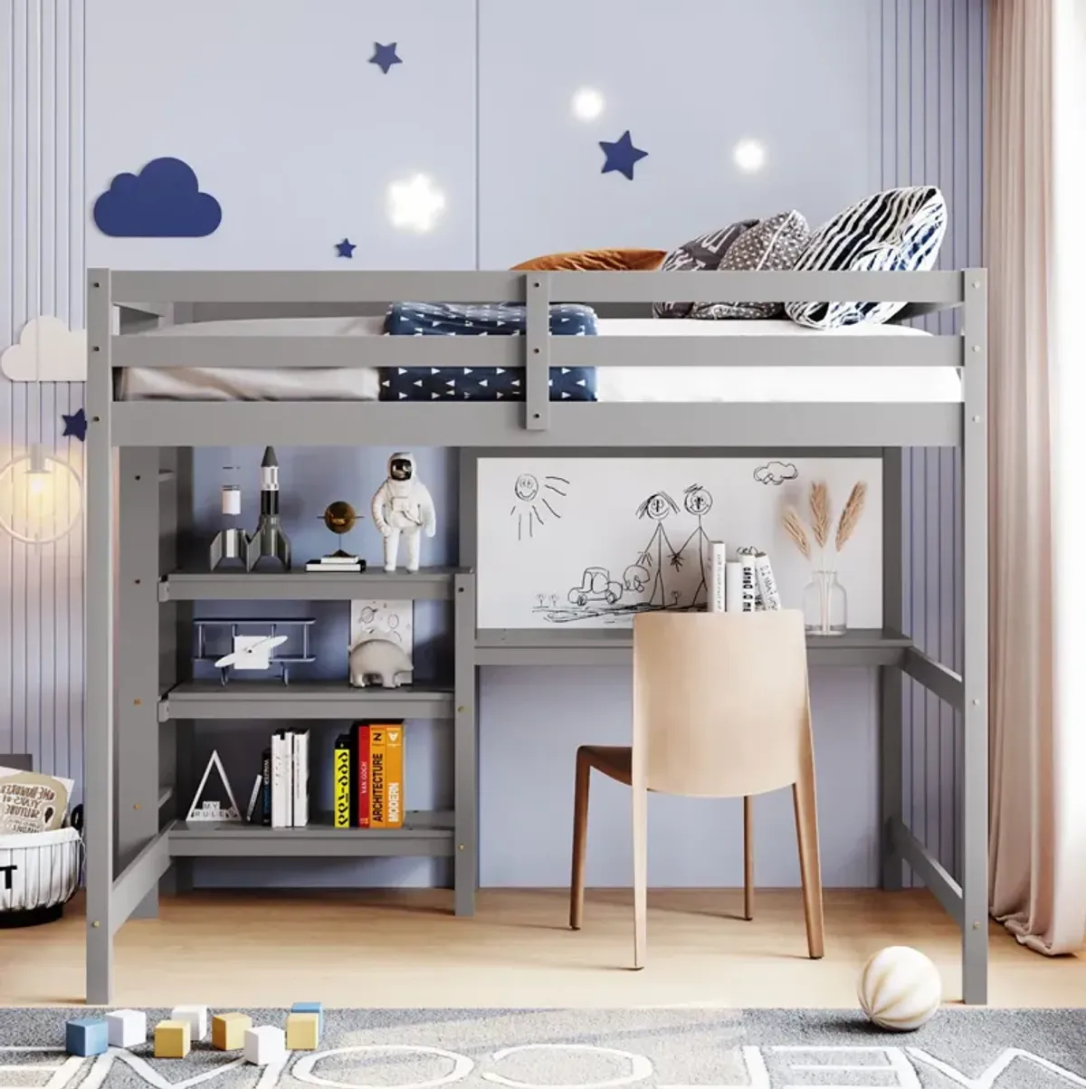 Full Size Wooden Loft Bed With Shelves, Desk And Writing Board