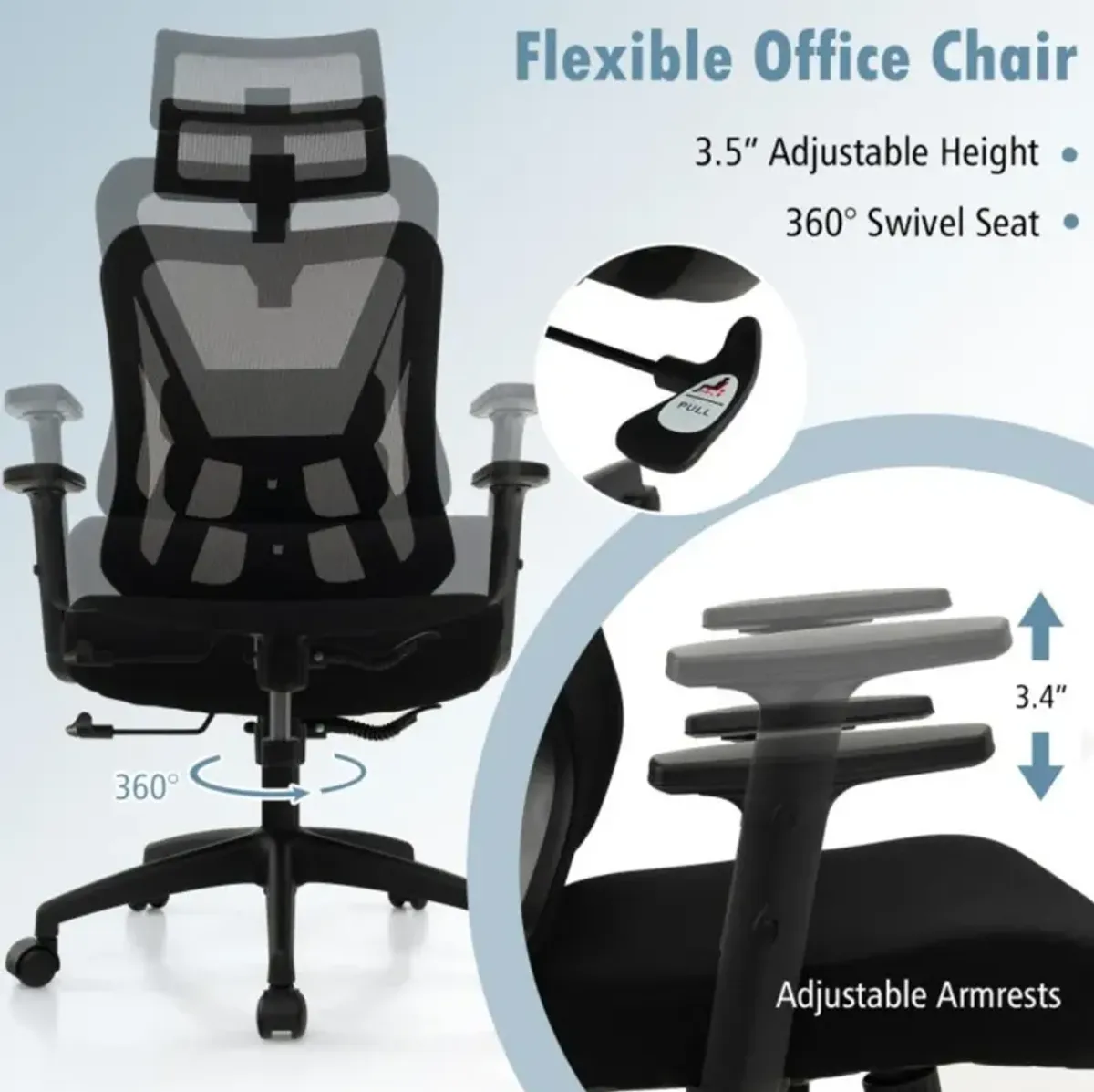 Mesh Ergonomic Office Chair Adjustable Swivel Task Chair with Rocking Backrest-Black