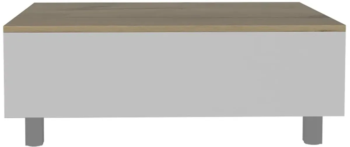 32 White And Light Oak Manufactured Wood Rectangular Lift Top Coffee Table With Drawer And Shelf