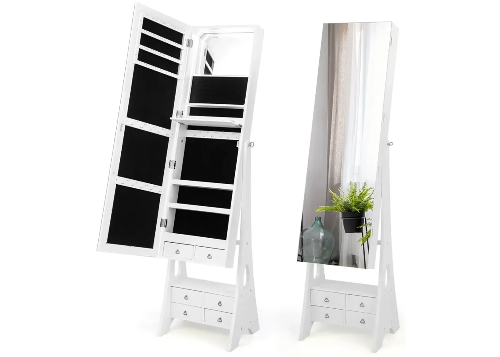 Freestanding Full Length LED Mirrored Jewelry Armoire with 6 Drawers