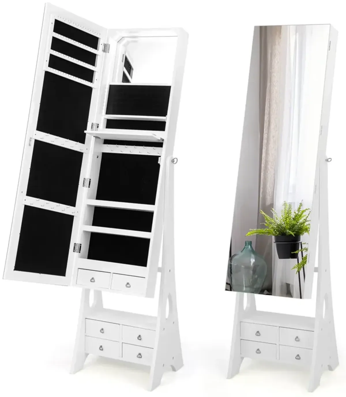 Freestanding Full Length LED Mirrored Jewelry Armoire with 6 Drawers