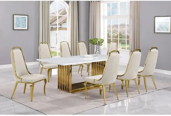 9pc Large(79") marble top dining set with gold base and 8 Cream side chairs