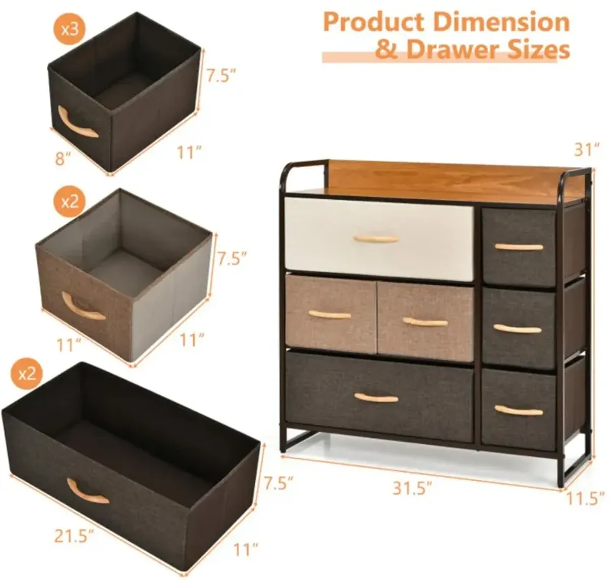 Hivvago 7 Drawer Tower Steel Frame and Wooden Top Dresser Storage Chest for Bedroom